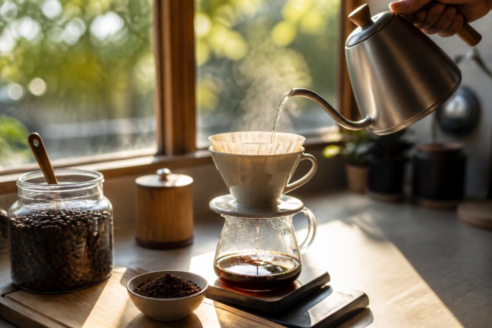 Close-up of freshly ground coffee beans being measured into a pour-over dripper with hot water being poured, steam rising, morning light through kitchen window