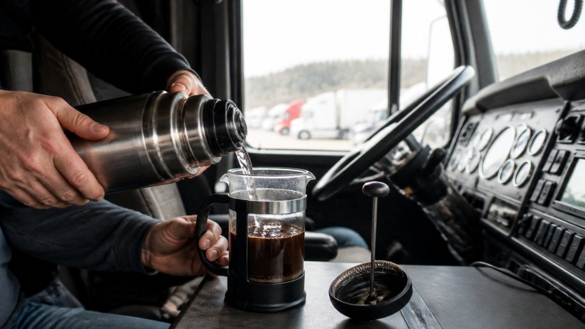 A truck driver's hands pouring hot water from a stainless steel thermos into a French press resting on a small flat surface inside a semi truck cab, with the dashboard and windshield visible in the background