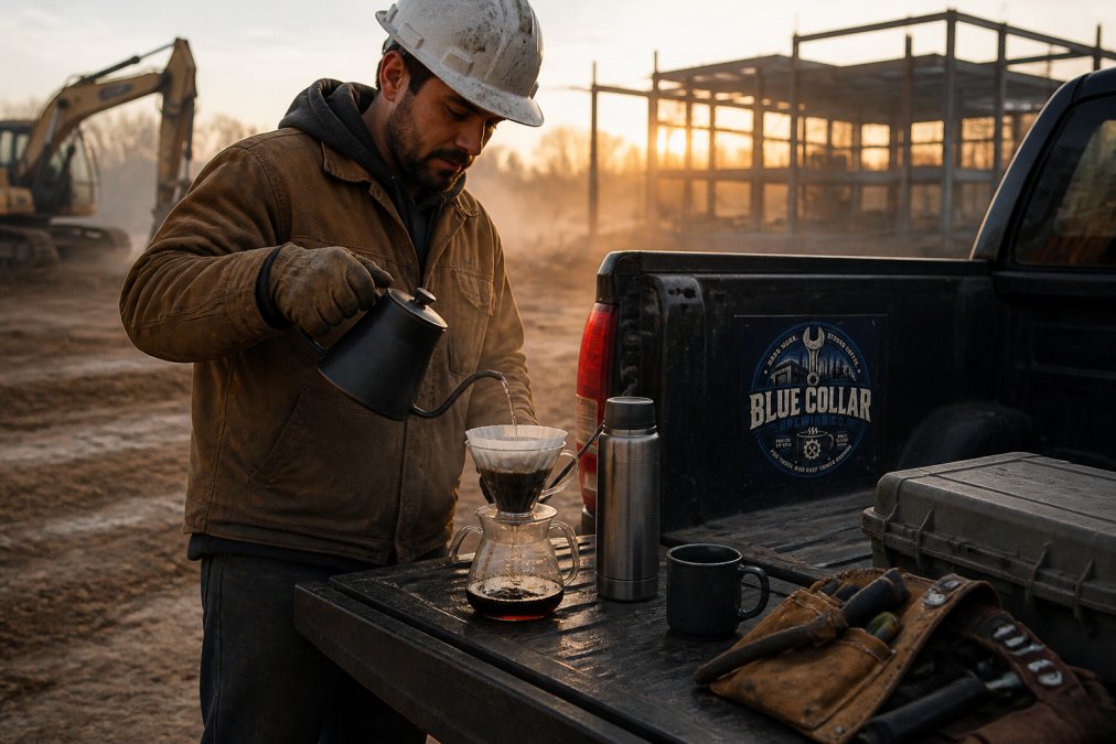 A construction worker in a hard hat and work gloves pouring hot water from a gooseneck kettle over a pour-over cone set on a tailgate, with a thermos and coffee bag nearby in early morning light