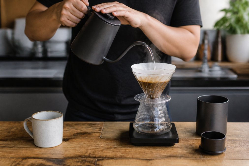 Hands pouring hot water from a gooseneck kettle to brew coffee in a pour-over dripper on a wooden counter