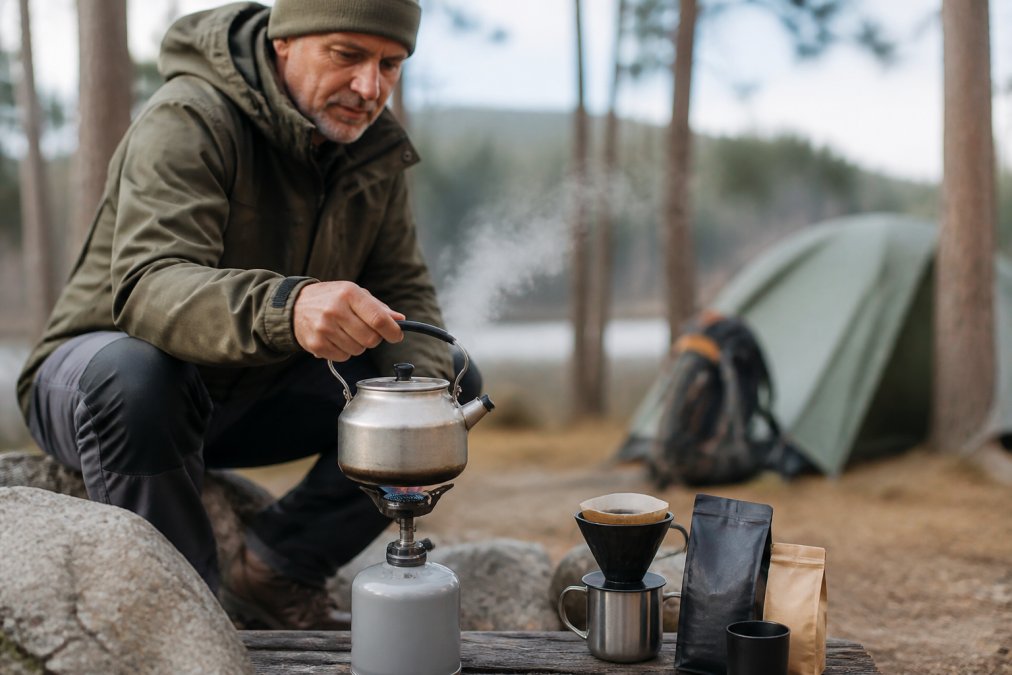 A person in outdoor clothing boiling water in a small metal kettle on a portable camp stove at a campsite, with trees and camping gear visible in the background, steam rising from the kettle