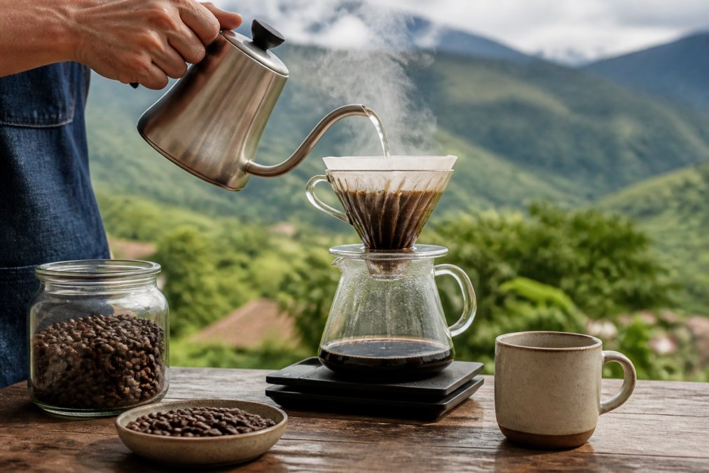 Hands pouring hot water over Colombian coffee grounds in a pour-over setup, steam rising, with a ceramic mug and freshly roasted beans visible on a wooden counter
