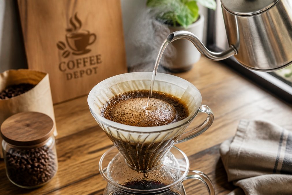 A close-up photo of a pour-over coffee setup with a gooseneck kettle, fresh coffee grounds blooming in a reusable filter, and steam rising, on a wooden kitchen counter with natural light