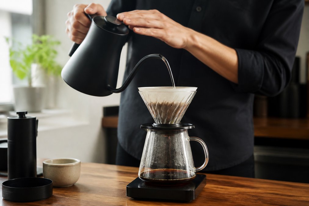 A home barista's hands pouring hot water from a gooseneck kettle over a glass V60 brewer sitting on a digital scale, with a glass carafe below on a wooden counter