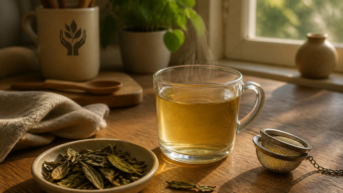 Step-by-step infographic illustrating the ritual of brewing loose dried leaves into a warm cup of herbal tea.