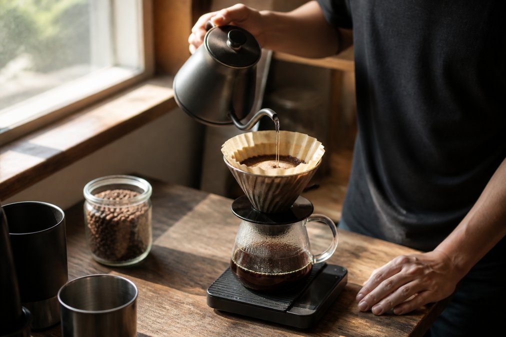 Close-up of hands pouring hot water in a slow, steady spiral over a pour-over dripper with a paper filter and dark coffee grounds, a digital scale and timer visible on the wooden counter, warm natural light from a window to the left