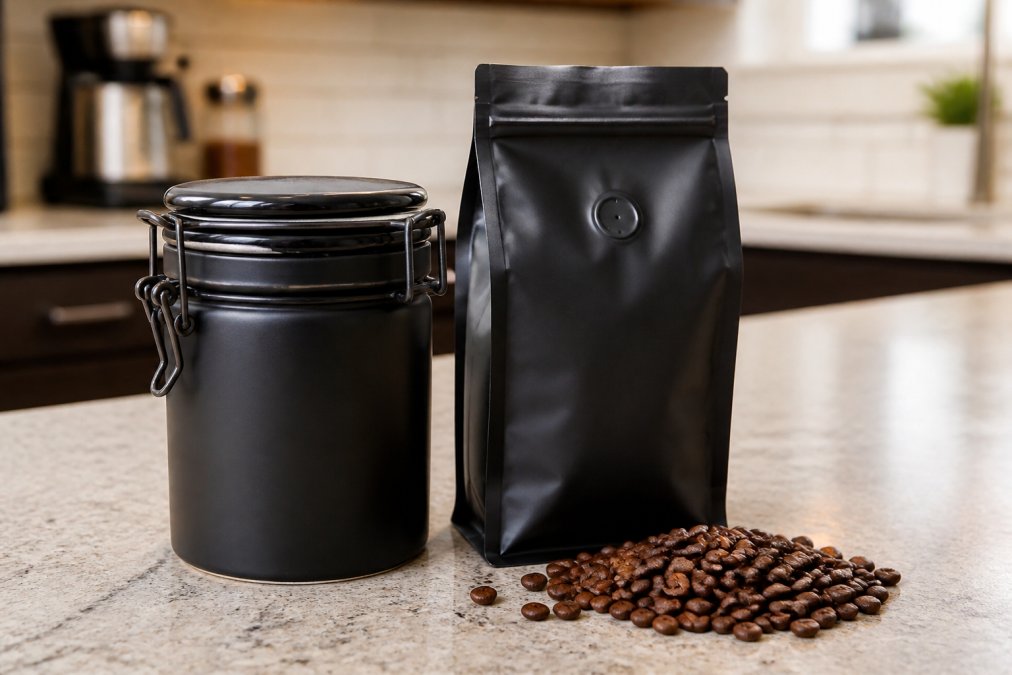 An airtight dark ceramic canister with a sealed lid and a coffee bag with a one-way degassing valve sitting side by side on a clean kitchen counter, beside a small pile of whole bean coffee in warm overhead light