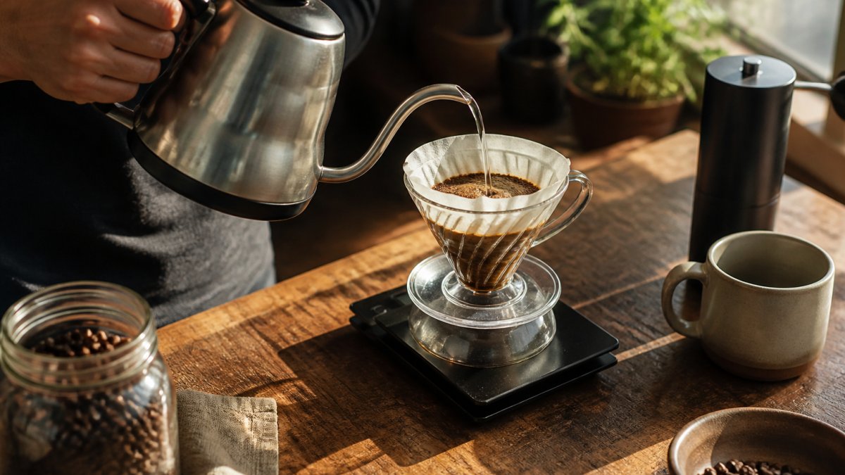 Hot water being poured from a gooseneck kettle over coffee grounds on a digital scale for a precise pour-over brew