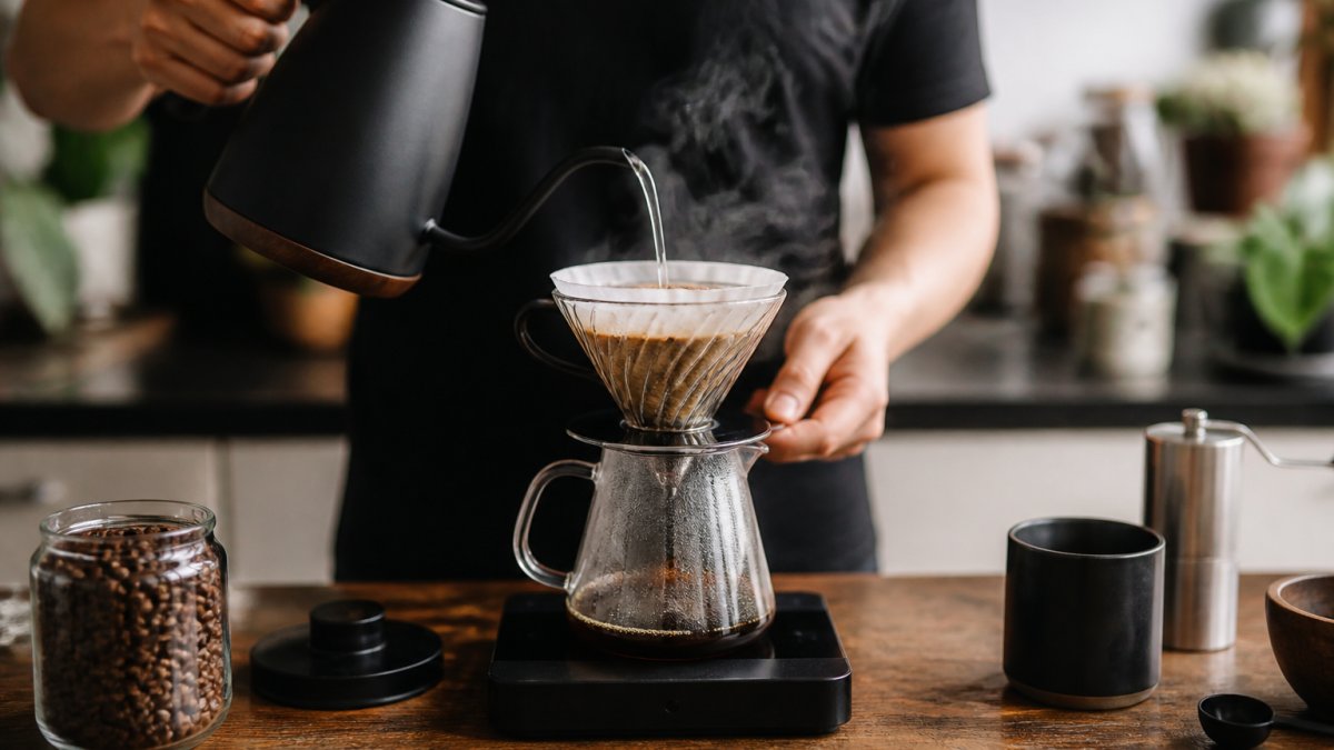 Close-up of hands pouring hot water from a gooseneck kettle over freshly ground coffee in a pour-over dripper, steam rising, digital scale visible on a wooden kitchen counter