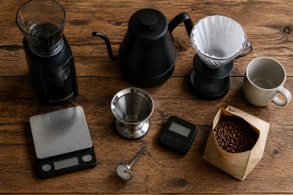 Flat lay of essential coffee brewing equipment arranged on wooden table: burr grinder, digital kitchen scale, digital timer, gooseneck kettle, pour-over cone with white filter paper, metal filter basket, thermometer, whole coffee beans in a kraft paper bag, and ceramic mug
