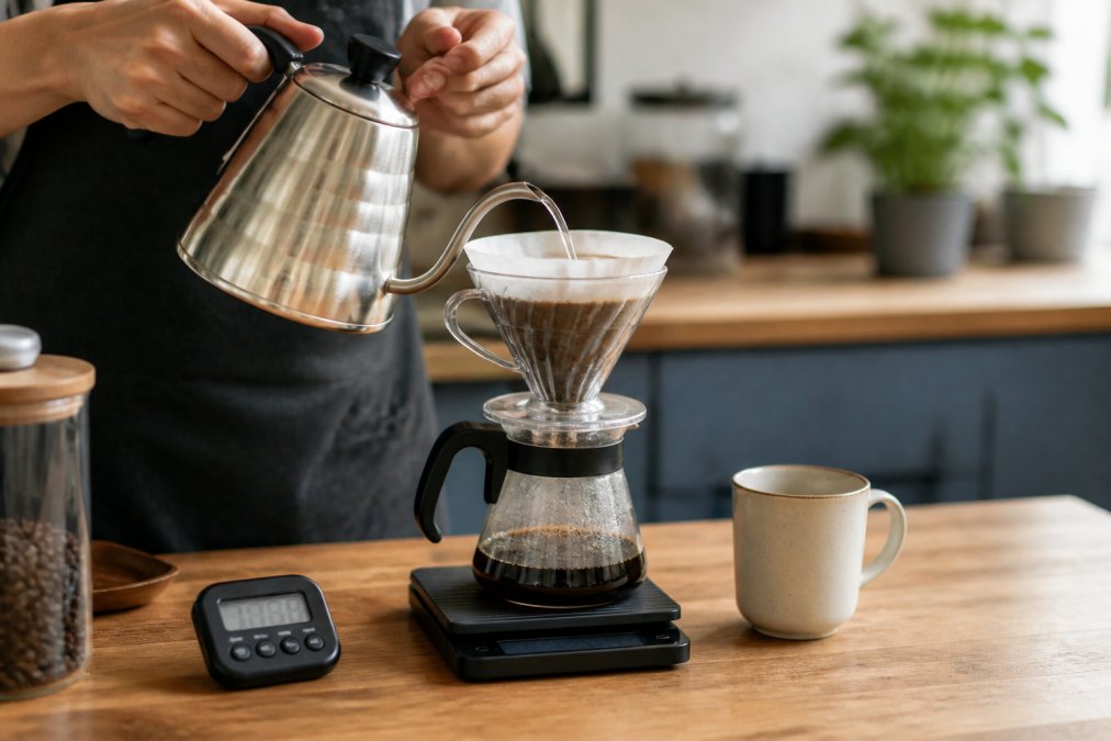 Hands pouring hot water over coffee grounds in a pour-over dripper, with a digital scale and timer visible on the counter beside a ceramic mug