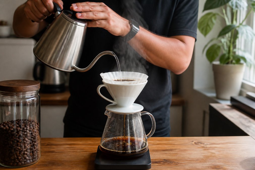 Close-up of hands pouring hot water from gooseneck kettle over coffee grounds in white ceramic pour-over dripper, steam rising visibly, dark brown coffee flowing into clear glass carafe below, natural morning light from window