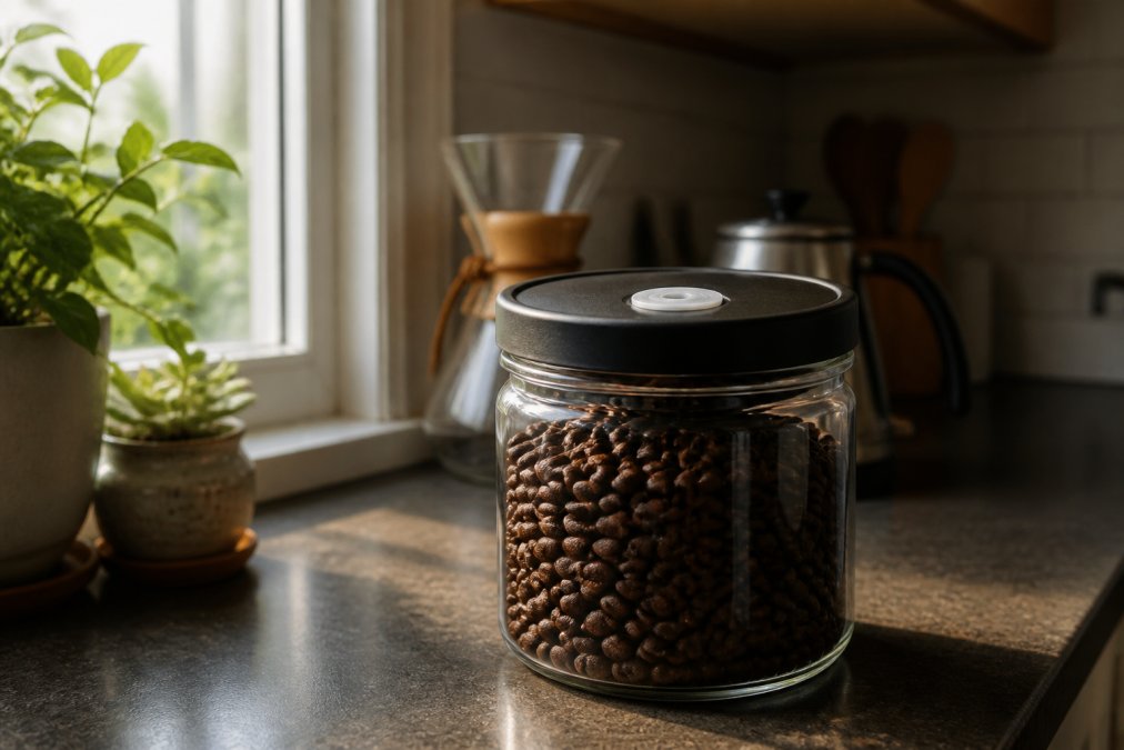 Oily coffee beans inside a glass jar with a one-way valve lid sitting in soft morning kitchen light