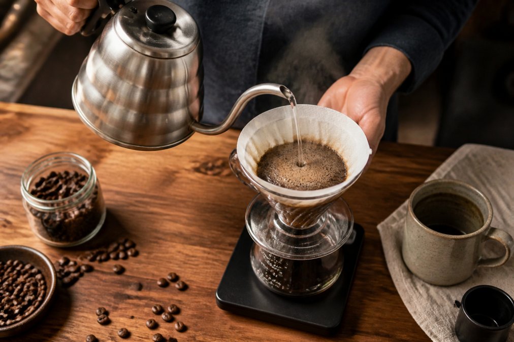 Close-up overhead shot of hands pouring hot water from a gooseneck kettle into a pour-over dripper with a coffee scale visible, steam rising, on a warm wooden kitchen counter with scattered coffee beans and a ceramic mug nearby