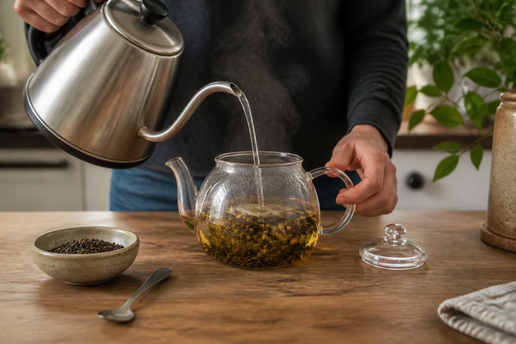 Hot water being poured into a clear glass teapot to brew loose leaf tea on a wooden kitchen counter