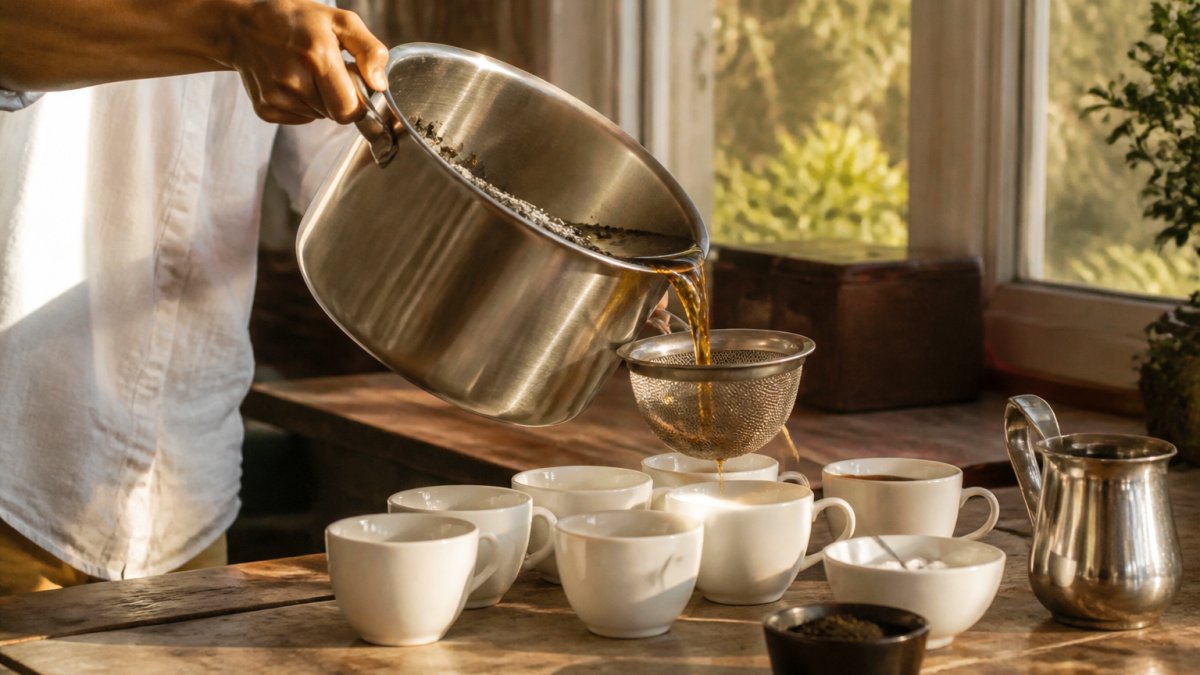 Step-by-step process for straining and serving bulk loose leaf tea into cups