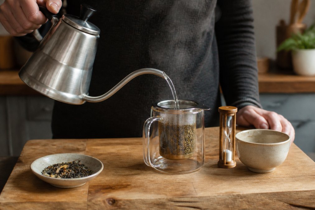 Pouring hot water from a kettle over loose leaf tea in a glass infuser on a wooden counter