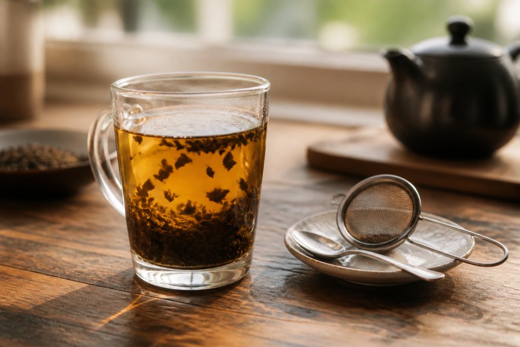 Close-up of a glass mug filled with loose leaf tea steeping in hot water, with a spoon and a small mesh strainer resting on a saucer beside it, warm natural window light