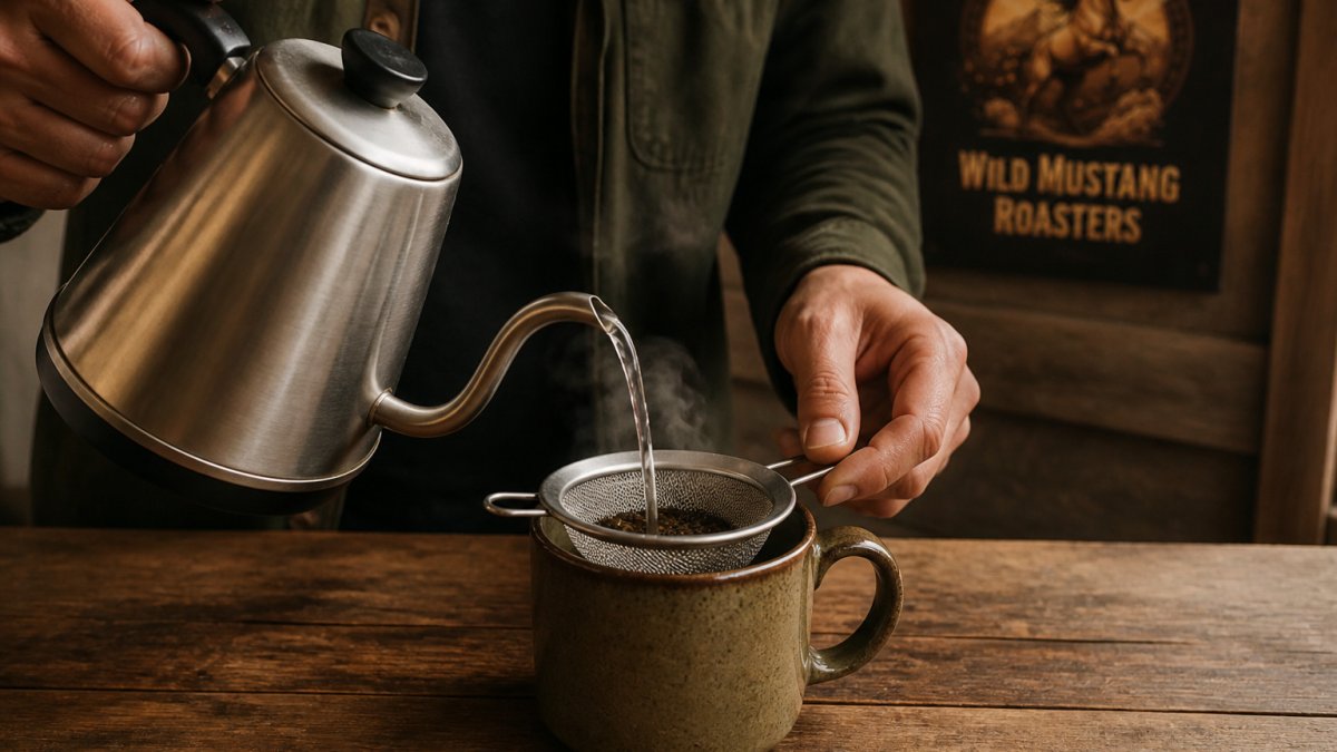 Diagram showing the steps to brew loose leaf tea by pouring hot water through a fine-mesh strainer into a mug.