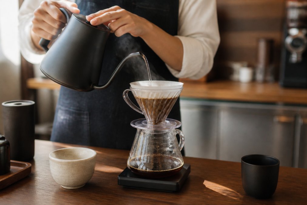 Close-up of hands carefully pouring hot water in a slow, circular motion over a V60 dripper with freshly ground specialty coffee, steam rising gently, set on a clean wooden countertop with a glass carafe below