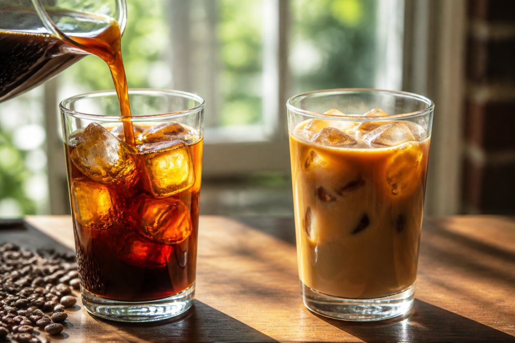 Close-up of smooth, amber-colored cold brew concentrate being poured over ice in a glass, with whole coffee beans scattered on a wooden surface beside it, morning sunlight streaming through