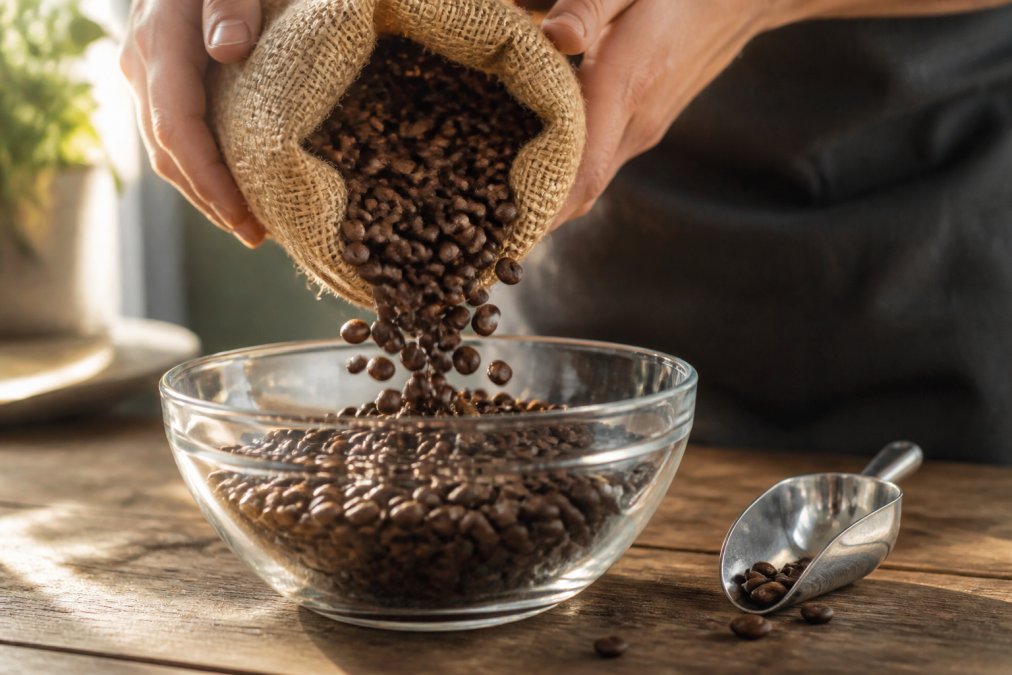 Hands pouring freshly roasted medium-brown coffee beans from a burlap sack into a clear glass bowl, with morning light illuminating the beans' texture and color, a coffee scoop resting nearby