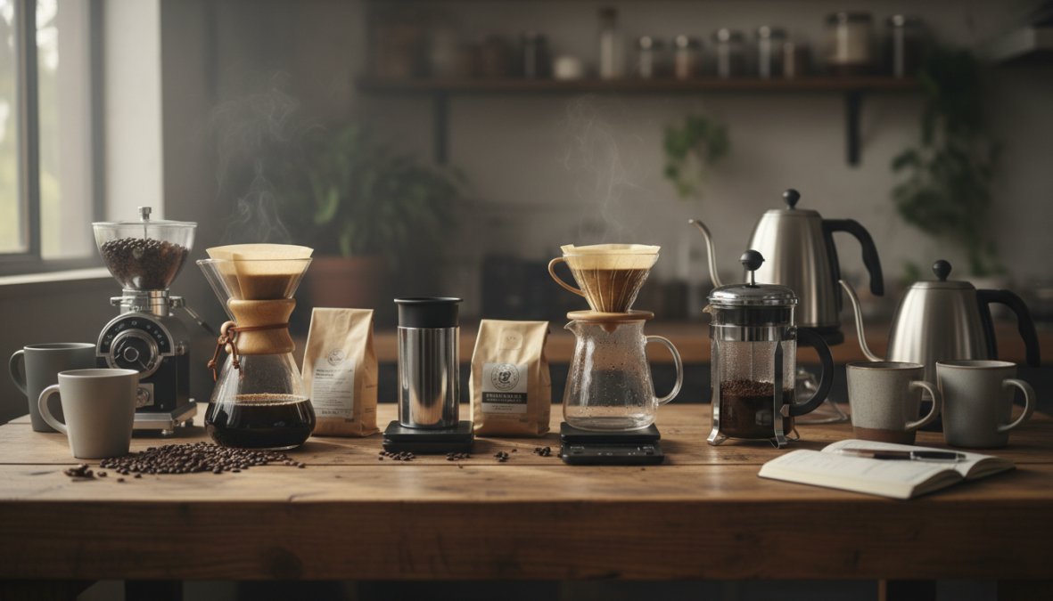 Close-up overhead shot of a barista's hands pouring hot water in a slow spiral over a pour over coffee dripper sitting on a glass carafe, with a digital coffee scale visible underneath on a wooden countertop