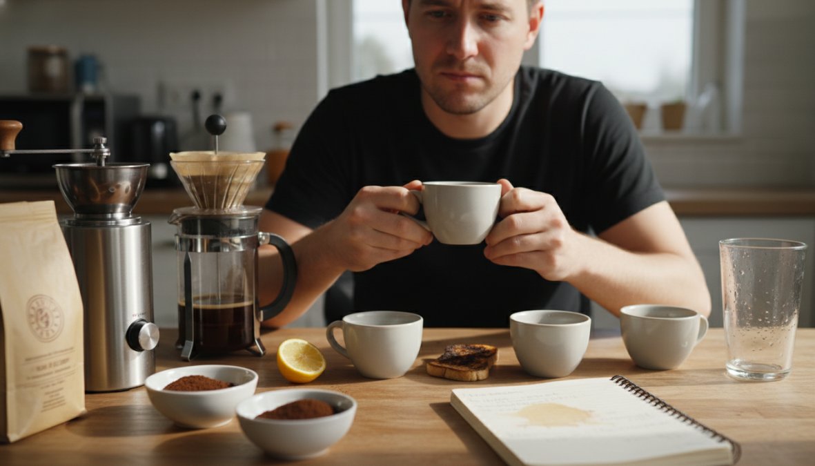 A person in a cozy kitchen holding a white ceramic coffee mug up to eye level with a slightly puzzled expression, examining the color of the brew in natural morning light