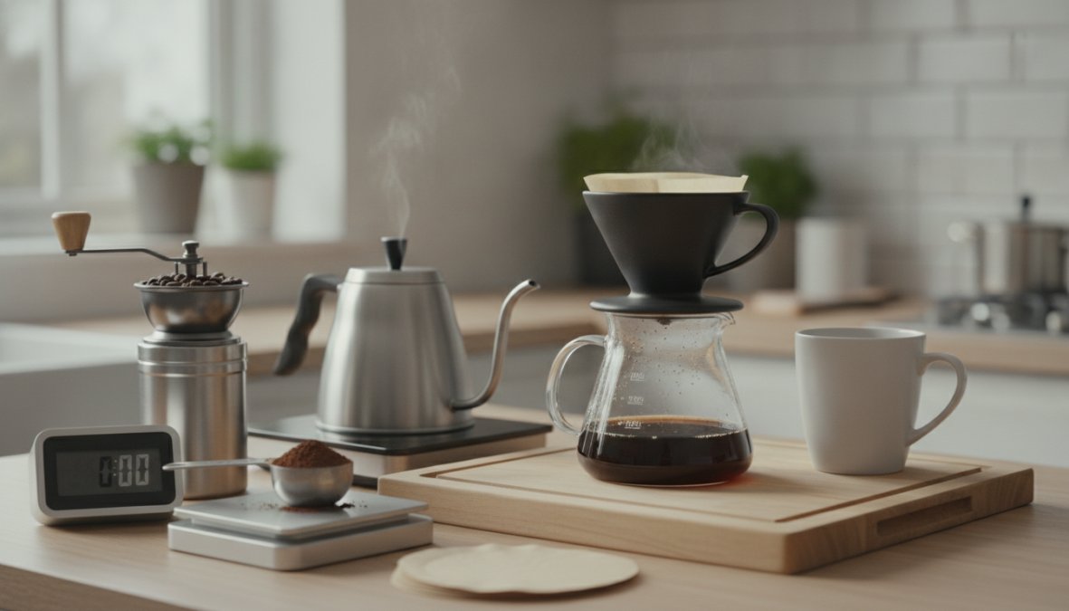Close-up of hands holding a gooseneck kettle pouring hot water in a slow, controlled spiral over a white paper filter in a ceramic pour over dripper, with a digital scale displaying grams and a running timer visible on the wooden counter below, warm natural light from a kitchen window