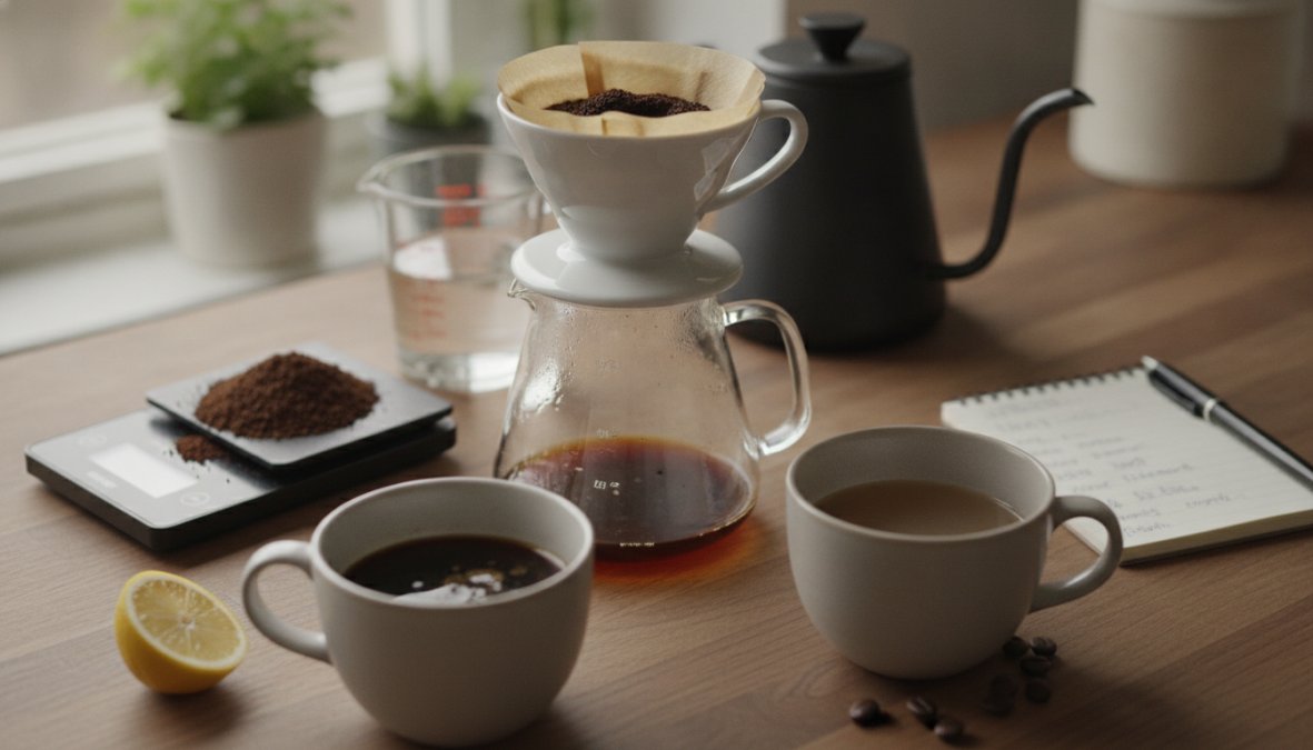 A person thoughtfully tasting a small cup of black pour over coffee at a light wooden kitchen counter, eyes slightly closed in concentration, with a ceramic dripper, paper filter, and a small kraft paper bag of freshly roasted coffee beans arranged nearby in soft morning light
