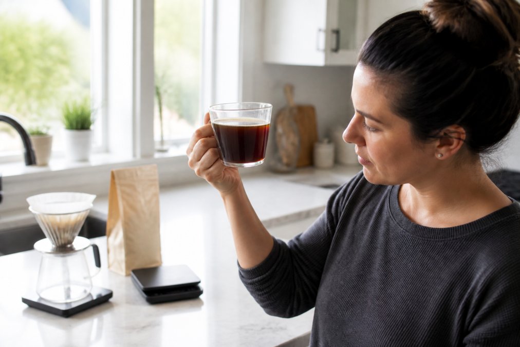 A person in a home kitchen holding a clear glass mug of freshly brewed pour over coffee up to bright natural window light, examining the color and clarity, with a digital scale and a bag of whole coffee beans visible on the white marble counter behind them
