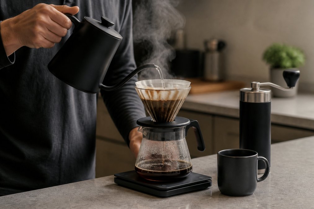 A person's hands pouring hot water from a gooseneck kettle over a pour-over dripper filled with coffee grounds, steam rising, on a clean kitchen counter with a digital scale visible