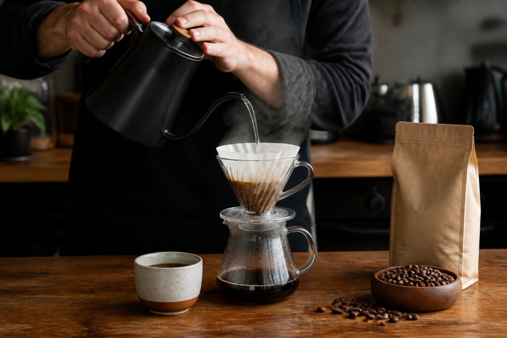 Hands pouring hot water from a gooseneck kettle into a pour-over dripper on a wooden counter with coffee beans.