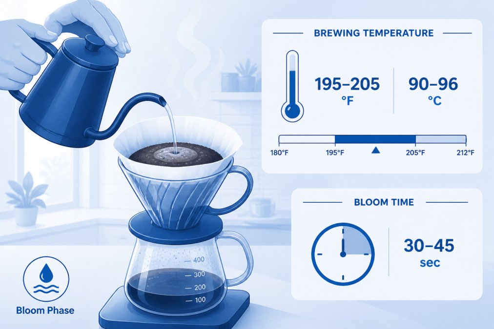 Hands pouring hot water over coffee grounds in a pour-over dripper, showing the bloom phase with water just beginning to saturate the grounds, steam rising gently in a bright morning kitchen