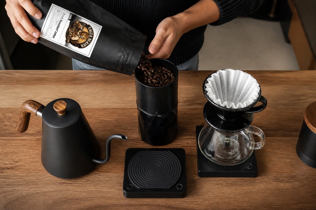 Overhead shot of single origin coffee beans being poured from a bag into a grinder, with brewing equipment arranged on a wooden counter including a kettle, scale, and pour over dripper