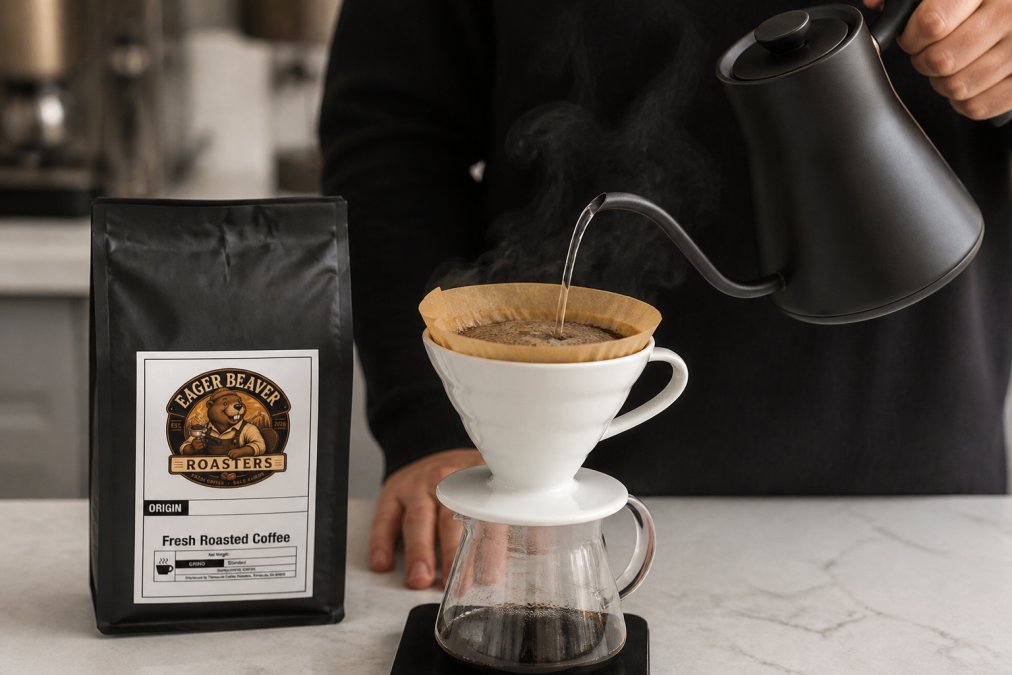 Close-up of hands pouring hot water into a pour over dripper with coffee grounds, steam rising, showing proper pouring technique and water flow