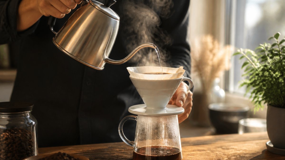 Hands pouring hot water over coffee grounds in a ceramic pour-over cone with steam rising in morning light