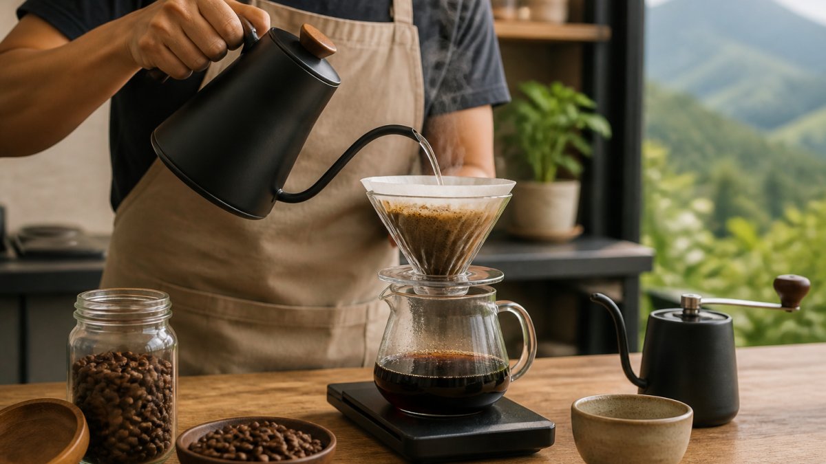 Hands pouring hot water from a gooseneck kettle into a drip coffee maker on a wooden kitchen counter