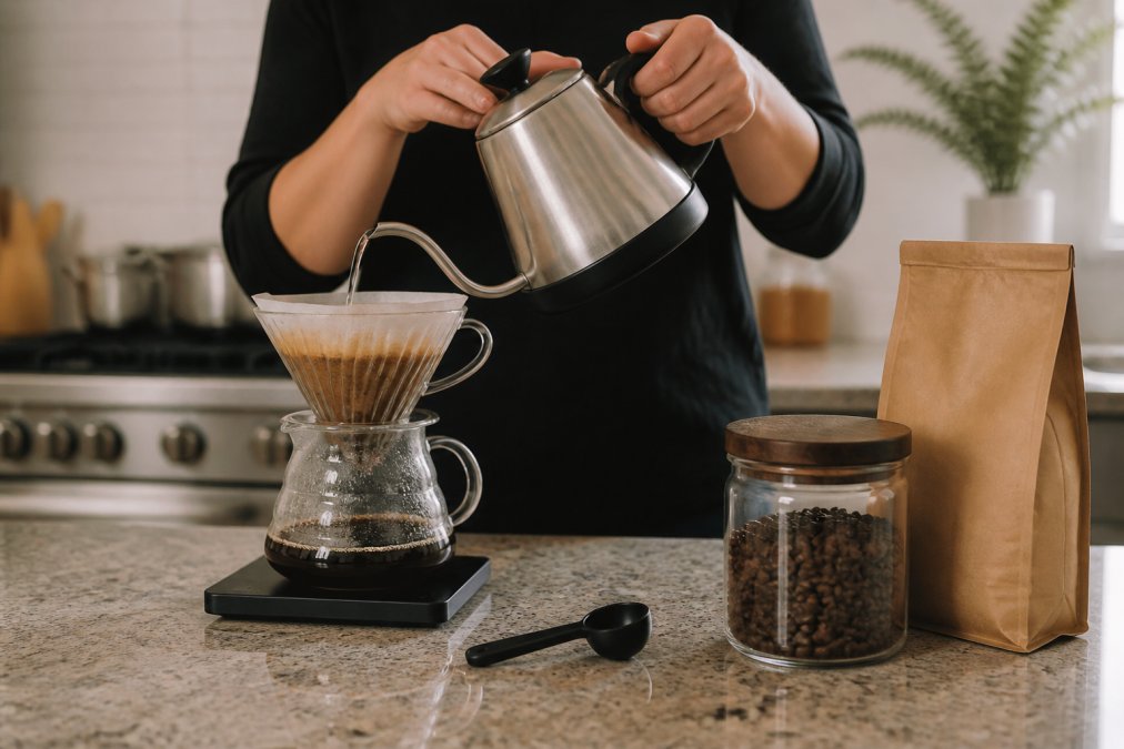A person's hands pouring hot water from a gooseneck kettle over a coffee bed in a glass pour-over brewer on a kitchen counter, with a digital scale and a bag of coffee beans nearby