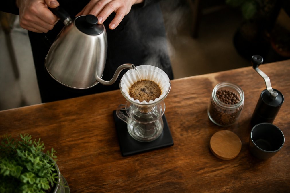 Overhead shot of hands pouring hot water from a gooseneck kettle into a pour-over dripper sitting on a digital scale, with steam rising and coffee grounds blooming, on a wooden kitchen counter