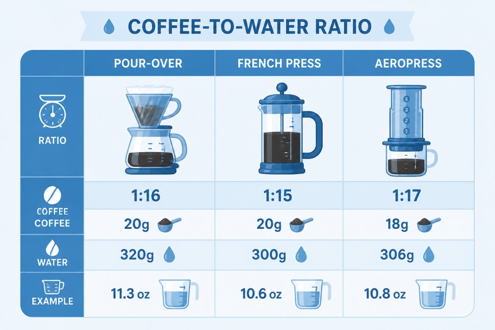 Comparison chart showing coffee-to-water brew ratios for pour-over, French press, and AeroPress methods.
