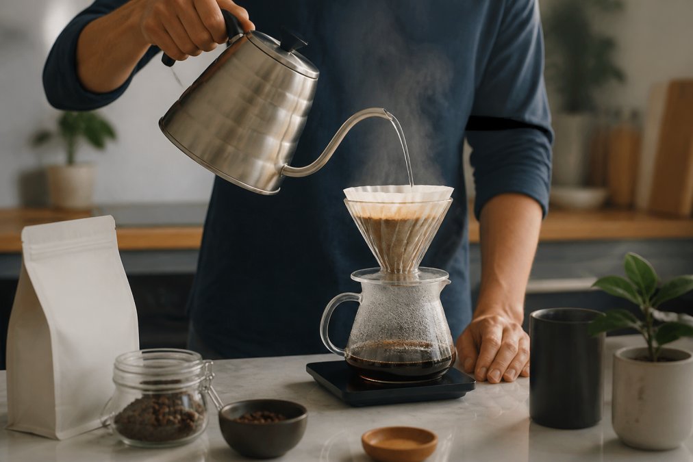 Hands pouring hot water from a gooseneck kettle to brew specialty coffee using a pour-over dripper and scale.