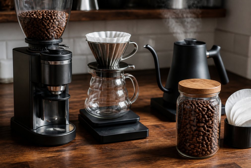 Close-up of specialty coffee brewing equipment arranged on a wooden counter: a burr grinder, pour-over dripper with paper filters, digital scale displaying grams, gooseneck kettle with steam rising, and a glass jar of freshly roasted coffee beans with visible origin label