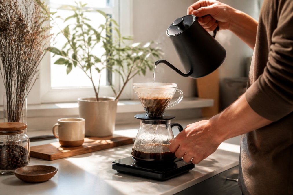 Hands pouring hot water from a gooseneck kettle over coffee grounds in a pour-over dripper, with a digital scale visible in the foreground and morning sunlight streaming through a kitchen window