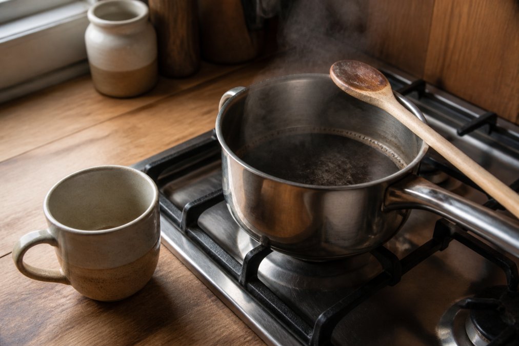 A saucepan of dark coffee on a kitchen hob with steam rising, a wooden spoon resting on the side, and a simple mug waiting nearby on a wooden worktop
