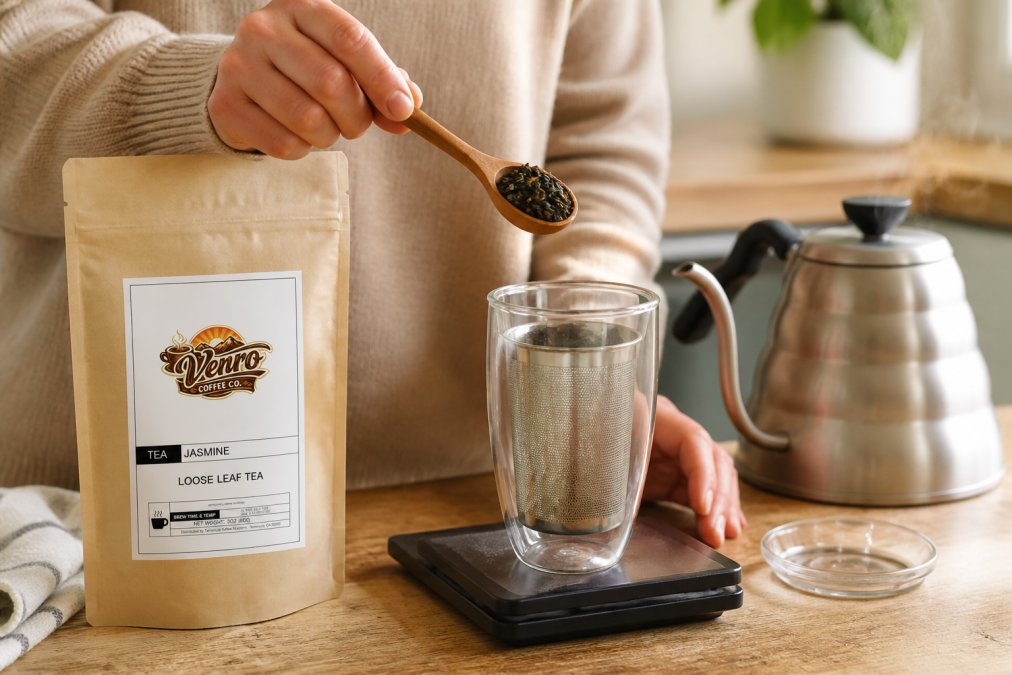 Close-up of hands measuring loose leaf tea with a digital scale next to a clear glass infuser, with a stainless steel kettle steaming gently in the background on a wooden table