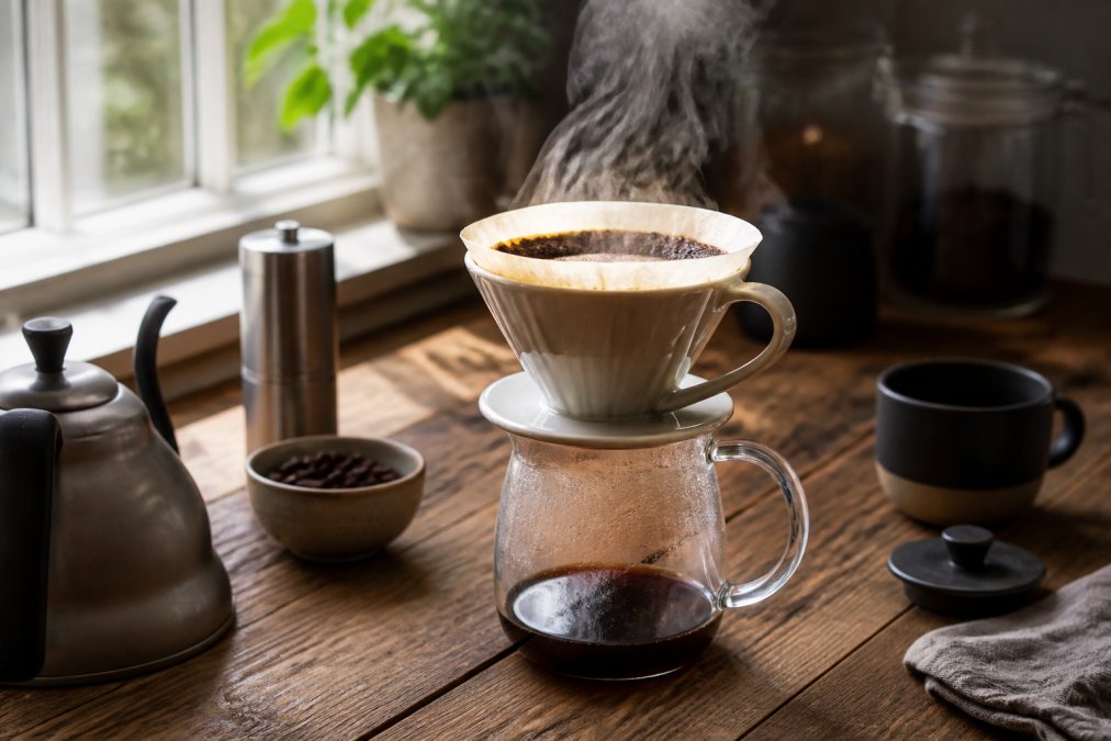 Close-up of a ceramic pour-over dripper resting over a glass carafe on a wooden kitchen counter, with steam rising from dark wet coffee grounds and warm morning light coming through a nearby window