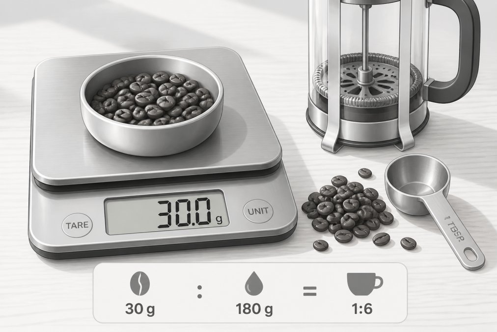 Close-up of a digital kitchen scale on a wooden countertop showing a precise weight reading, with a small pile of whole coffee beans beside a stainless steel scoop and a French press in soft natural light