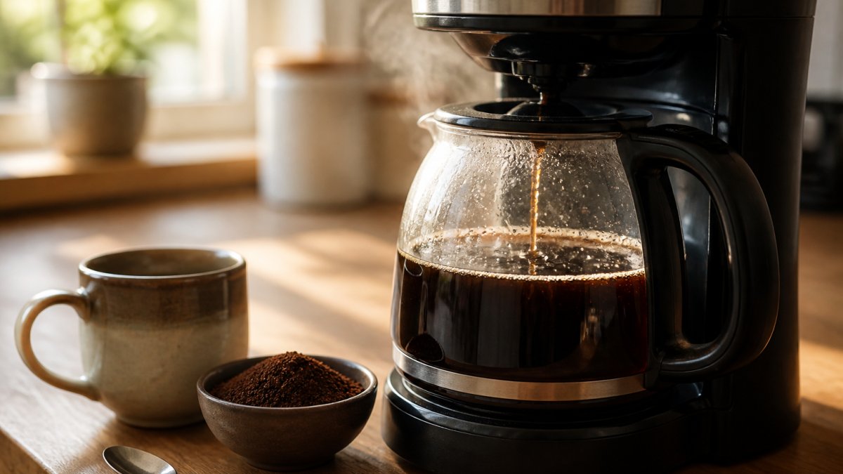 Dark coffee dripping into a glass carafe with steam rising near a ceramic mug and ground coffee beans