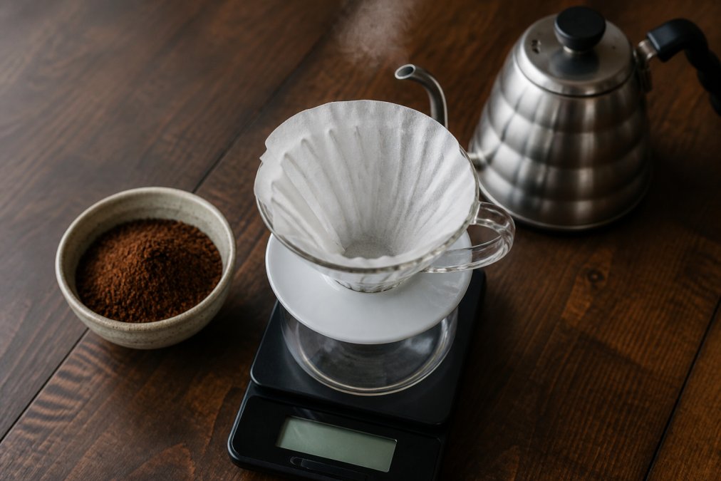 A pour-over dripper and fresh grounds on a kitchen scale to brew a strong morning coffee with a steaming kettle.